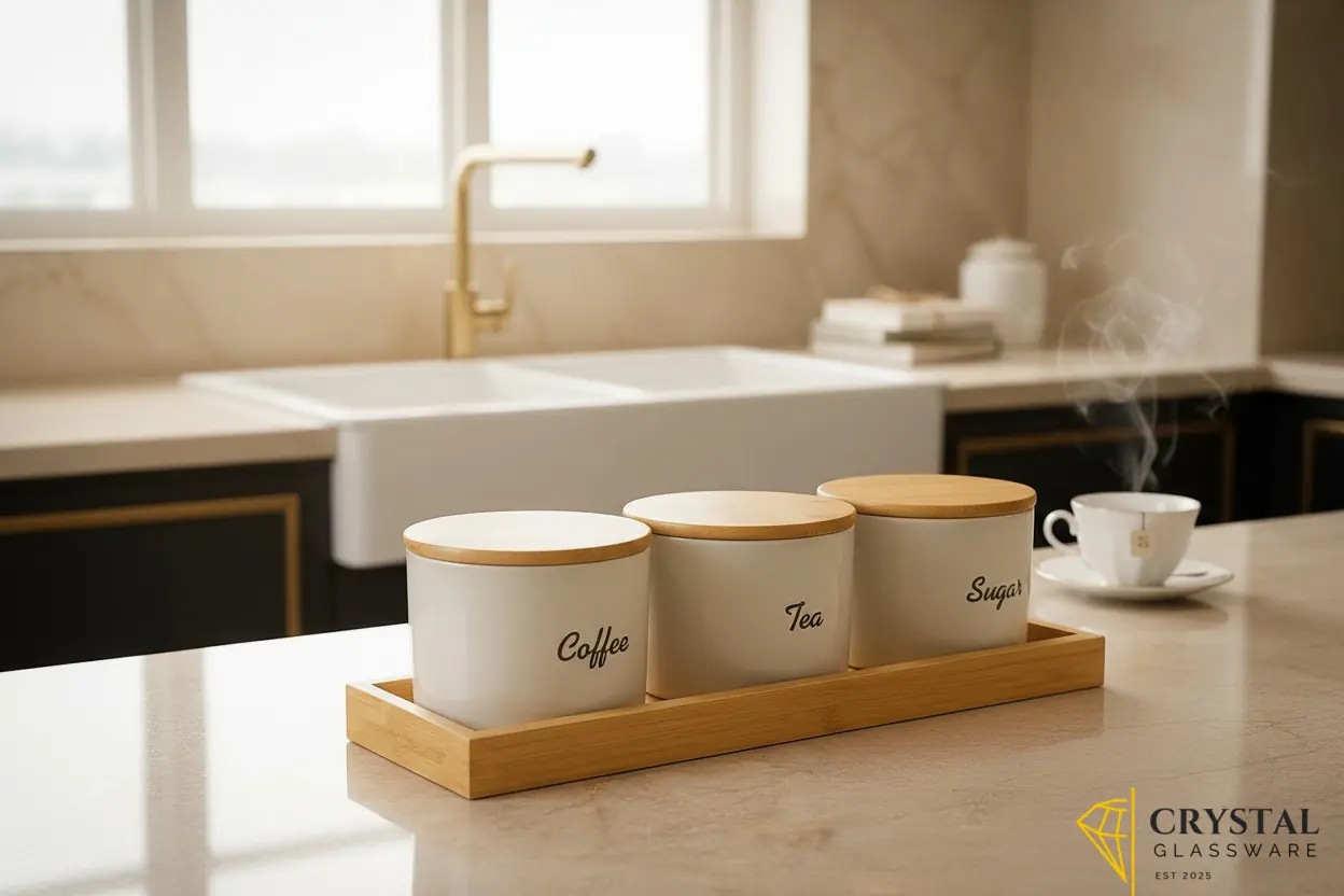 StyleServe kitchen canister set includes three white jars with script labels and matching bamboo lids